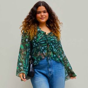 Printed Bell Sleeve Tie Front Blouse